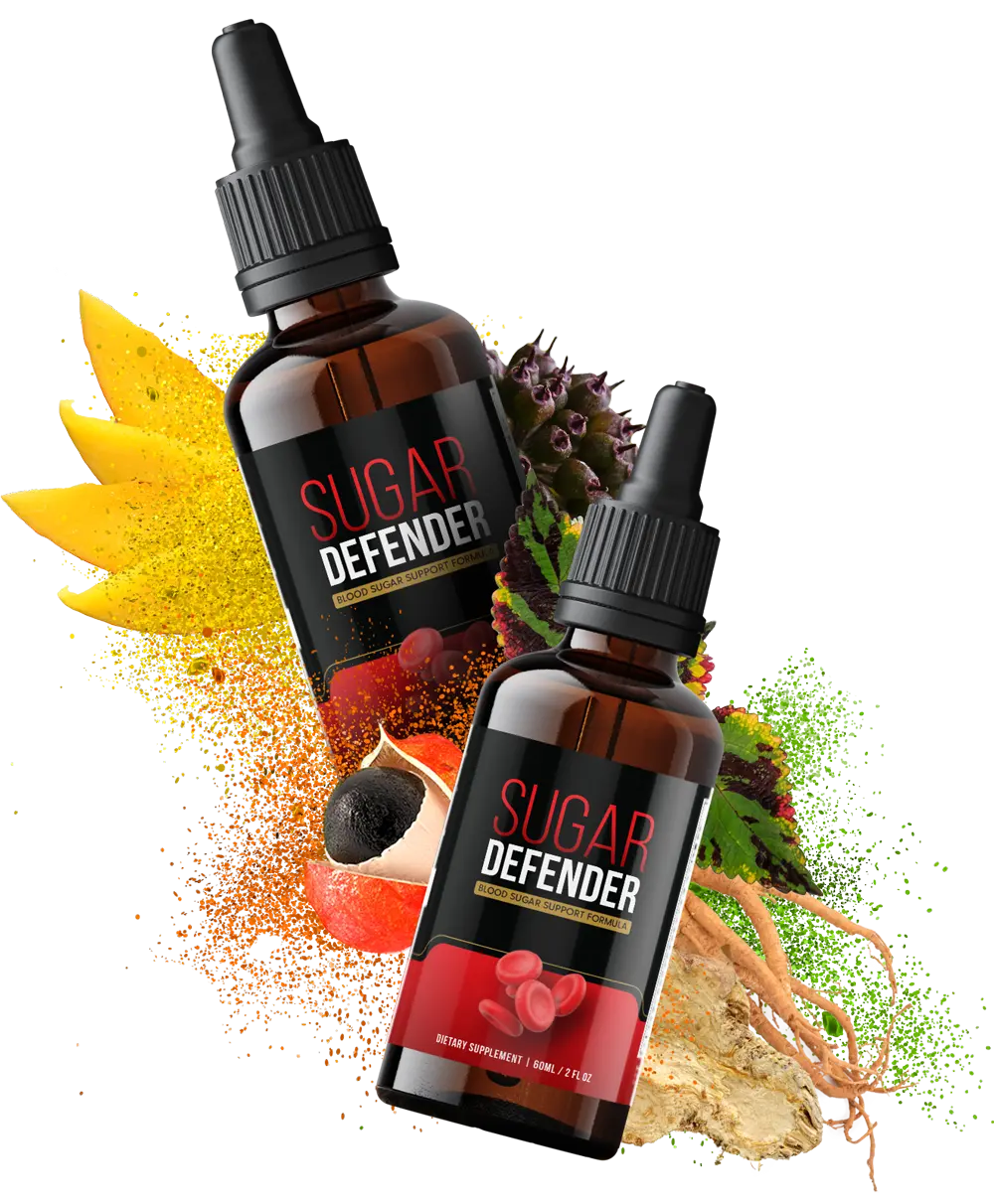 Two Sugar Defender bottles with the natural ingredients used in the blood sugar support formula